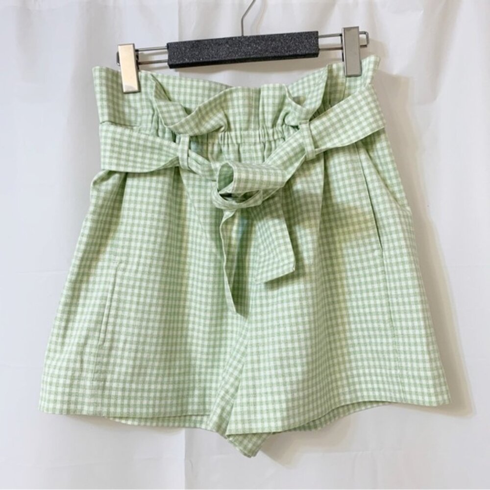 Wilfred Green Gingham High-Waist Paperbag Shorts Size 6